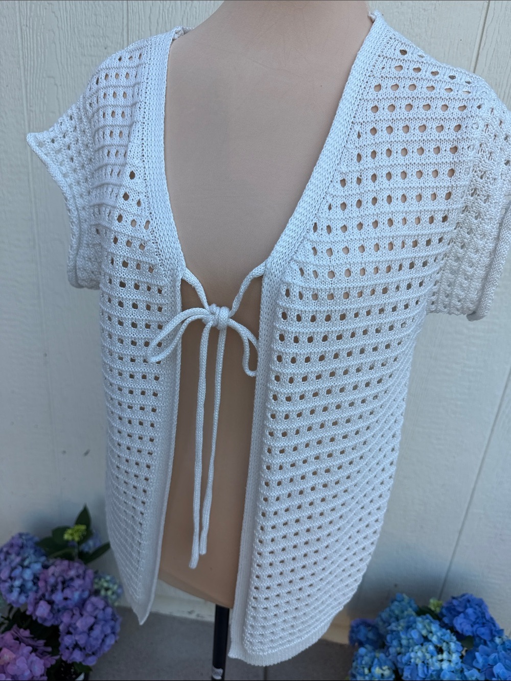 White Crochet Open Front Tie Cardigan